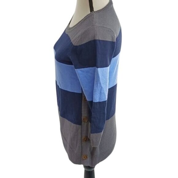 The Limited Womens S Colorblock Stripe Sweater Blue Gray 3/4 Sleeve Button Top - Picture 4 of 8